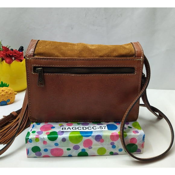 Patricia Nash Brown Suede Leather Pushlock Flap Closure Crossbody Bag - Picture 2 of 16